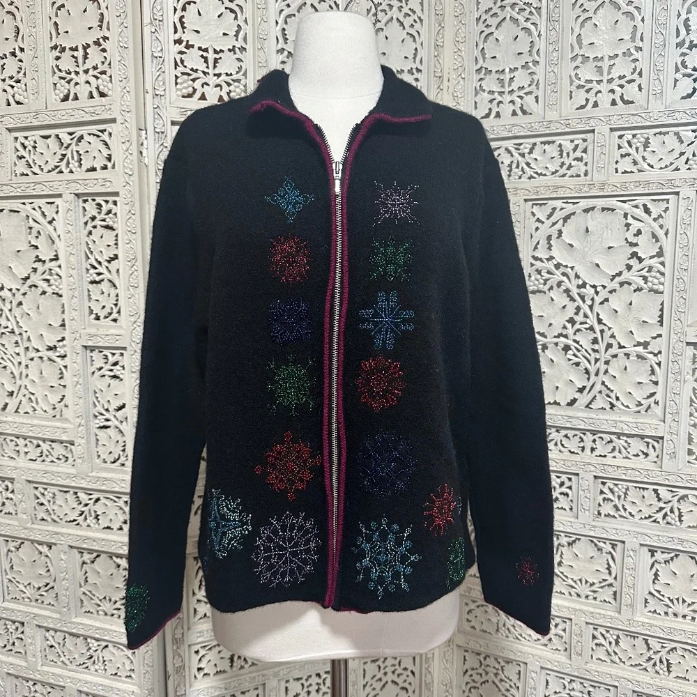 Karen Scott grannycore beaded wool winter snowflake cardigan size large